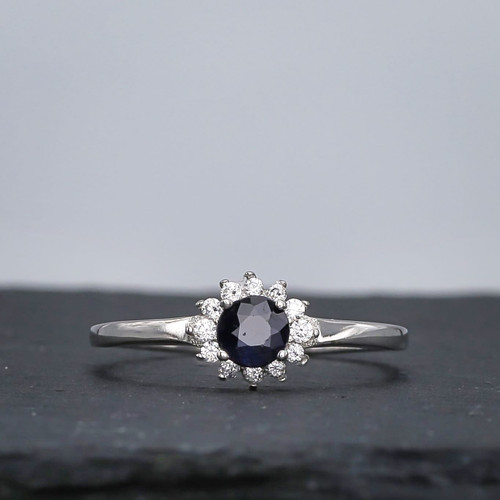 Sterling Silver Blue Sapphire & Cubic Zircon Halo Ring Close up