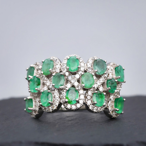 Sterling Silver Infinity Emerald and Simulated Diamond Dress Ring Close up