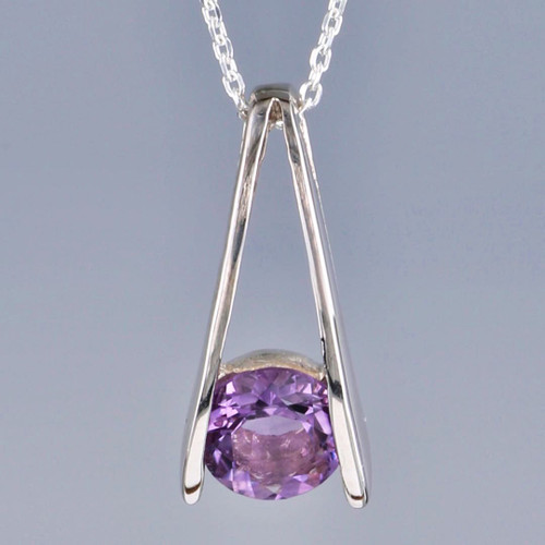 Sterling Silver Amethyst Eiffel Solitaire Necklace Close up Sterling Silver Amethyst Eiffel Solitaire Necklace Close up