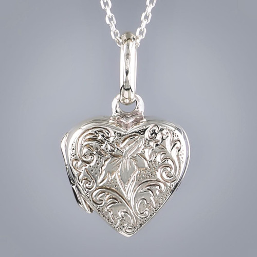 Sterling Silver Engraved Floral Heart Locket Pendant Close up