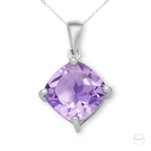 Sterling Silver Amethyst Cushion Cut Solitaire Pendant  Close up