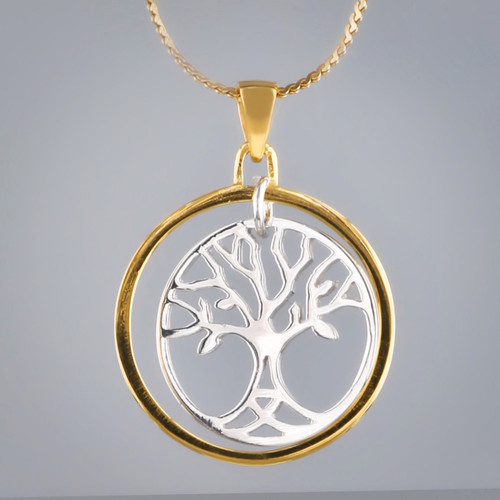 Sterling Silver Dual Tone 18K Gold Plated Tree of Life  Necklace Close up