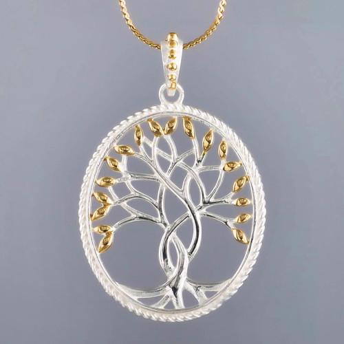 Sterling Silver Dual Tone 14K Gold Plated Oval Tree of Life Pendant Close Up