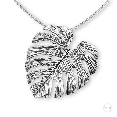 Sterling Silver Oxidized Monstera Leaf Pendant with Chain
