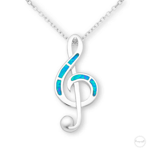 Sterling Silver Simulated Blue Opal Treble Clef Music Note Pendant with Chain