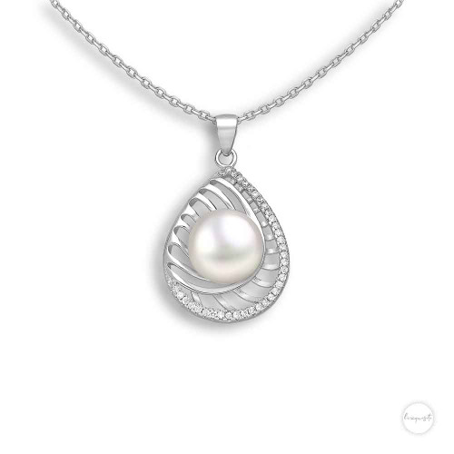 Sterling Silver Freshwater Pearl & Cubic Zircon Filigree Droplet  Necklace Close Up