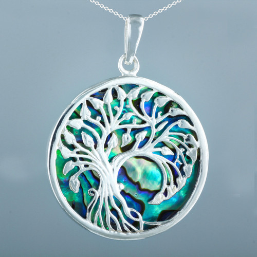 Sterling Silver Green Abalone Shell Filigree Tree Of Life Pendant Close Up with Chain
