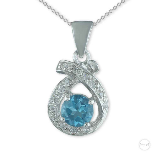 Sterling Silver Swiss Blue Topaz & Cubic Zircon Criss Crossed Halo Pendant With Chain