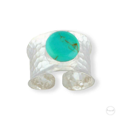 Sterling Silver Reconstructed Turquoise Hammered finish Adjustable Ring Front Close up