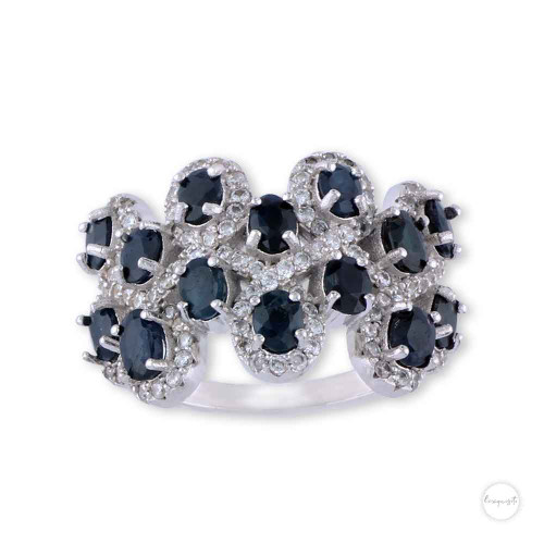 Sterling Silver Infinity Ring with Blue Sapphire and Simulated Diamond Accents close up