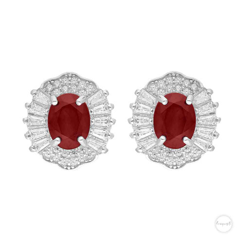 Sterling Silver Ruby & Cubic Zircon Radiant Halo Stud  Earrings Close up