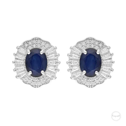 Sterling Silver Blue Sapphire & Cubic Zircon Radiant Halo Stud  Earrings Close Up