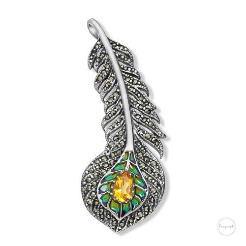 Sterling Silver Enamelled Peacock Feather Brooch Pendant Studded With Marcasite & Citrine Front