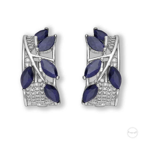 Blue Sapphire & Cubic Zircon Vine Hoop Earrings in Sterling Silver Close up