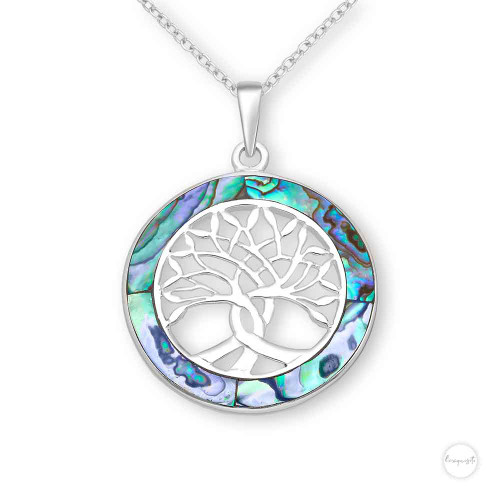 Sterling Silver Filigree Tree Of Life Pendant with Green Abalone Shell Halo  With Chain