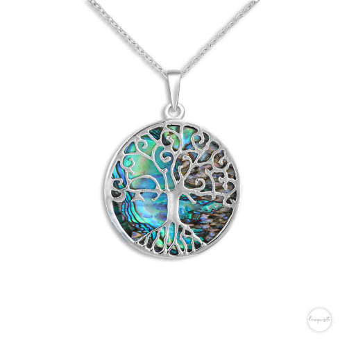 Sterling Silver Rainbow Green Abalone Shell Tree Of Life Pendant With Chain