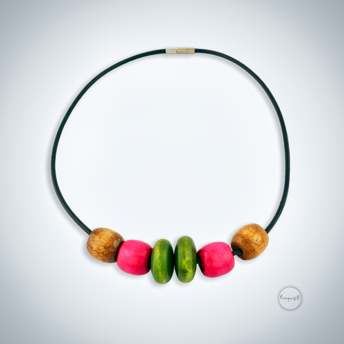 Wooden Changeable Beads Necklace in Cowhide Leather Cord