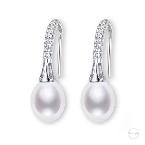 Sterling Silver White Freshwater Pearl & Cubic Zircon French Hook Drop Earrings