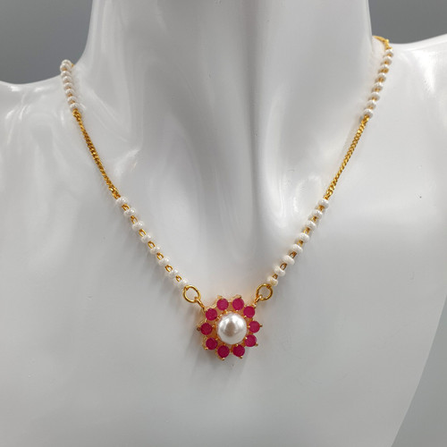 Red Floral Pendant Necklace with Costume Pearls in Gold Finish