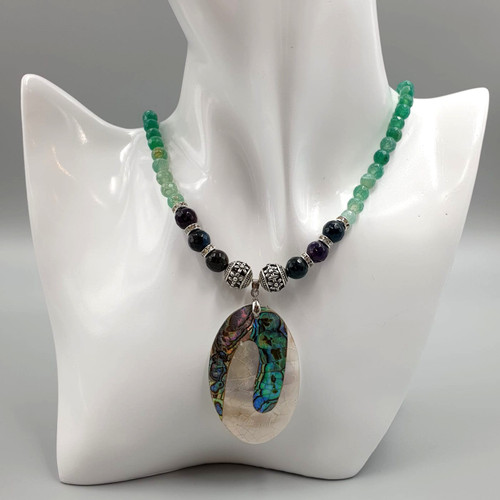 Pãua Shell and Natural Agate Matinee Necklace in Silver Finish On Mannequin