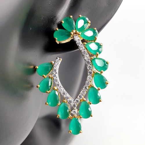 Green Leaf Shaped Sideway Hoops in Gold Finish Close up On Mannequin