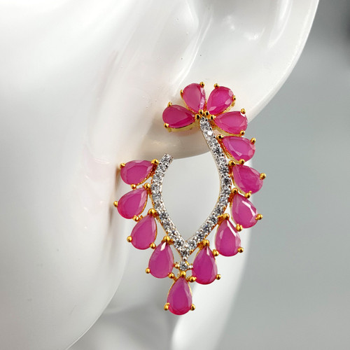 Red Leaf Shaped Sildeway Hoops in Gold Finish On Mannequin