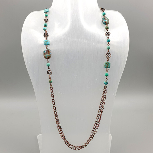 Natural Turquoise & Chrysocolla Beads Sautoir Necklace in Copper Toned Finish