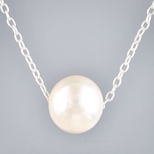 Sterling Silver Single White Freshwater Pearl Pure Silver Plated Floating Necklace Close up
