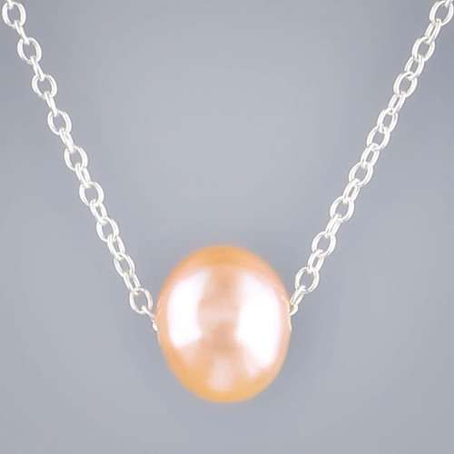 Sterling Silver Single Peach Freshwater Pearl Pure Silver Plated Floating Necklace  Close up