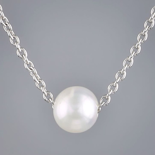 Sterling Silver Single White Freshwater Pearl Rhodium Plated Floating Necklace Close up