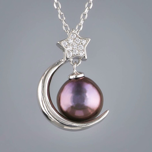 Sterling Silver Black Freshwater Pearl & Cubic Zircon Moon and Star  Pendant Necklace Close up