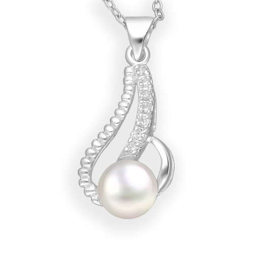 Sterling Silver Freshwater Pearl & Cubic Zircon Pear Necklace  white background