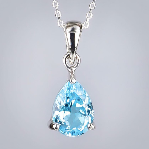 Sterling Silver Blue Topaz Teardrop Solitaire Pendant Close up