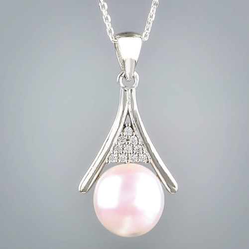 Sterling Silver Freshwater Pearl & Cubic Zircon Eiffel  Necklace Close up