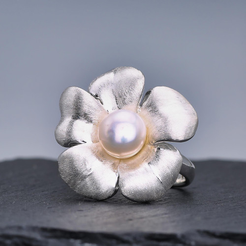 Sterling Silver Freshwater Pearl Blooming Flower Statement Ring Close up