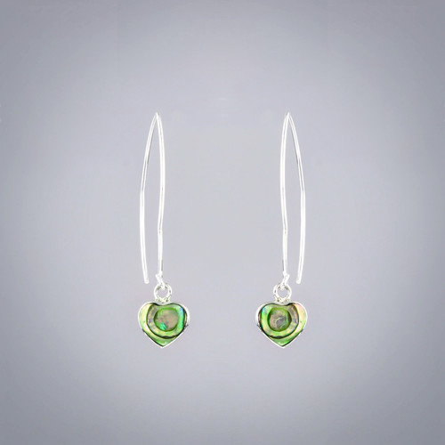 Sterling Silver Abalone Shell Heart Drop Hook Earrings Close up