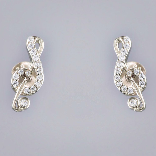 Sterling Silver Cubic Zircon Treble Clef Music Note Stud Earrings Close up