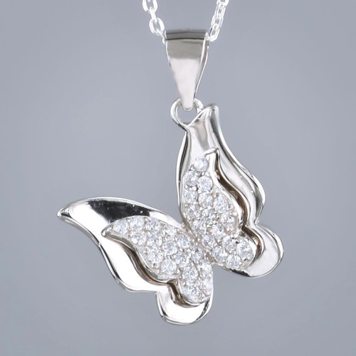 Sterling Silver Cubic Zircon Butterfly Pendant Close up