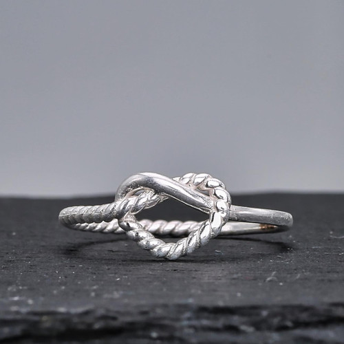 Sterling Silver Knotted Heart Rope Ring Close up