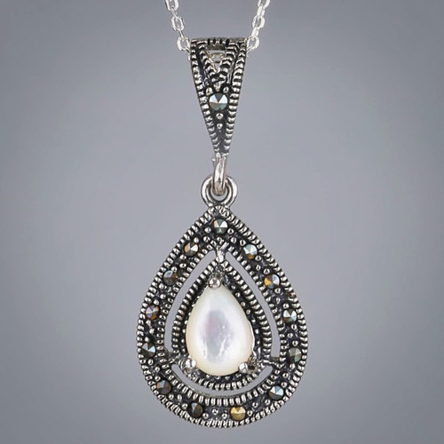 Sterling Silver Shell & Marcasite Teardrop Halo Pendant Close up