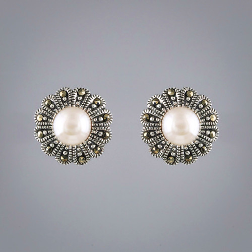 Sterling Silver Freshwater Pearl & Marcasite Blossom Halo Stud Earrings Close up