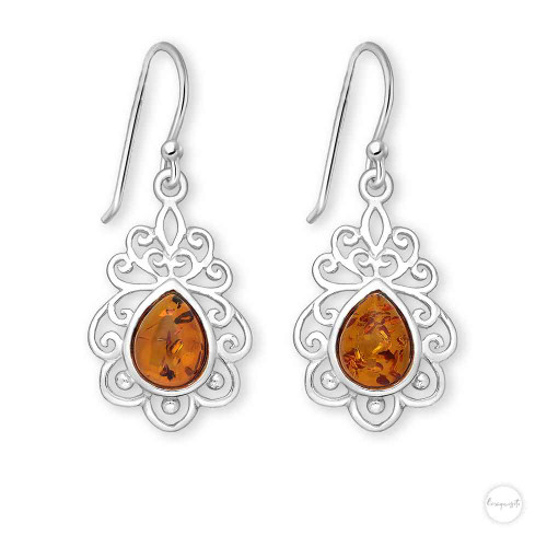 Sterling Silver Baltic Amber Filigree Swirl Drop Earrings