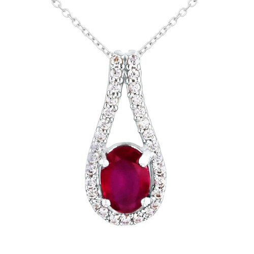 Sterling Silver Oval Ruby with Cubic Zircons Teardrop Halo Necklace white background