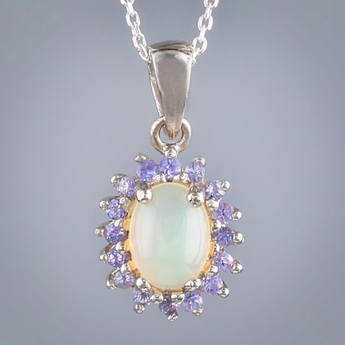 Sterling Silver Ethiopian Opal & Tanzanite Oval Halo Pendant Close up