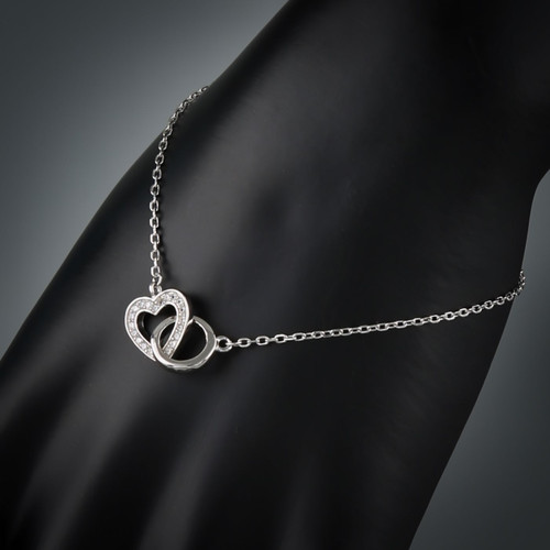 Sterling Silver Cubic Zircon Linked Heart Chain Bracelet On Mannequin Close up