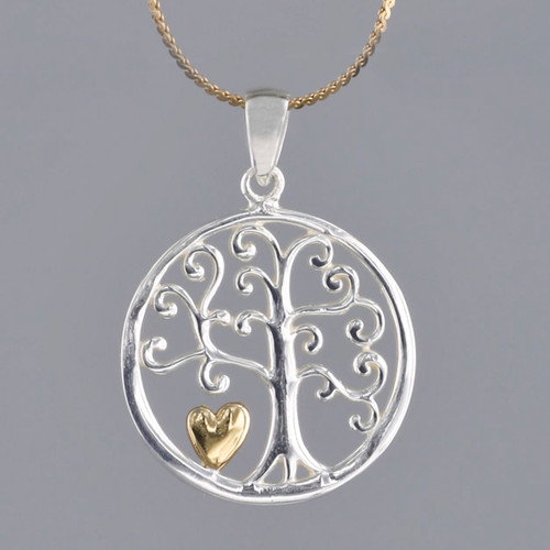 Sterling Silver Dual Tone 14K Gold Plated Tree of Life with Heart Pendant Close up