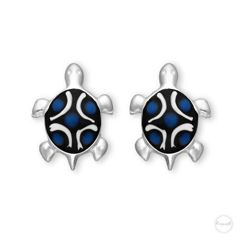Sterling Silver Blue Turtle Stud Earrings Close up