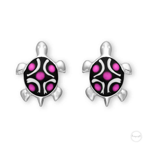 Sterling Silver Pink Turtle Stud Earrings Close up