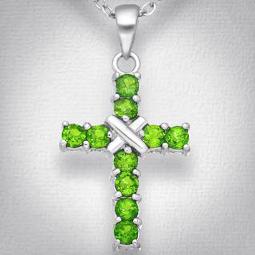 Sterling Silver Green Chrome Diopsides Cross Pendant Close up