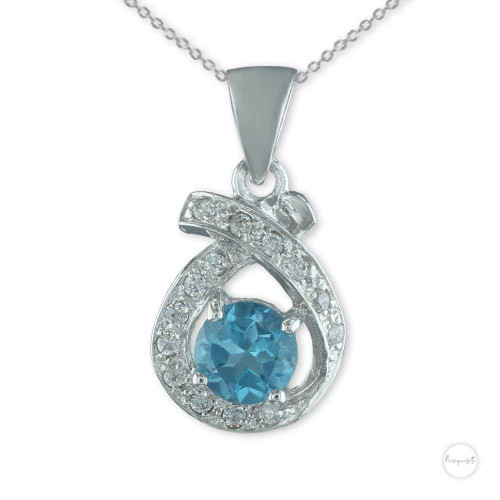 Swiss Blue Topaz and Cubic Zirconia Criss-Cross Halo Pendant in Sterling Silver With Chain